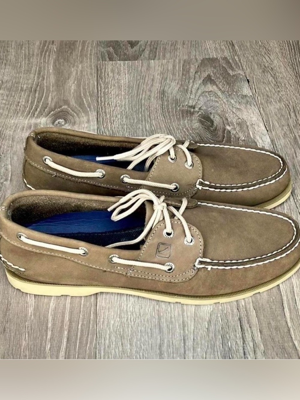 Sperry Men's Suede Boat Shoes in Taupe with White Laces
